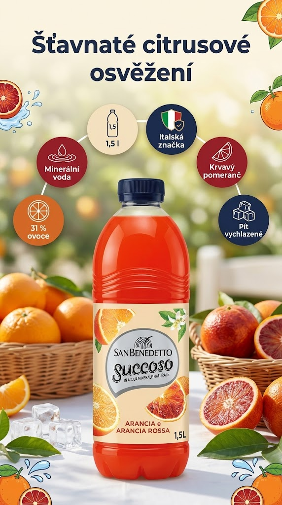 San Benedetto ovocný nápoj Succoso pomeranč a krvavý pomeranč 1,5 l - mobilní infografika