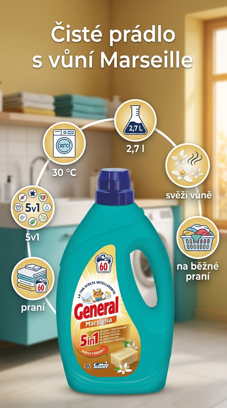 General prací gel Marsiglia s marseillským mýdlem, 60 praní, 2,7 l - mobilní infografika