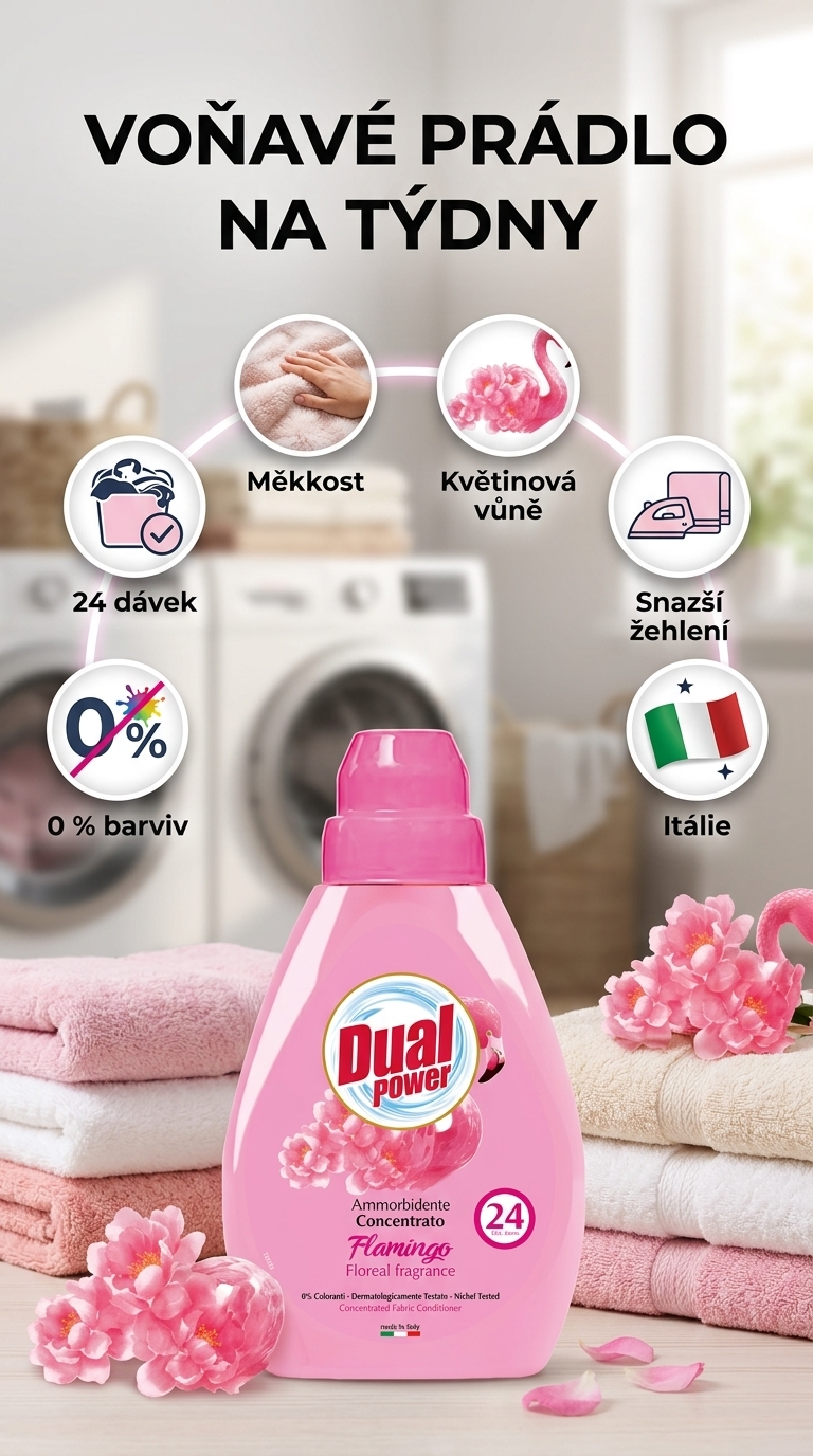 Dual Power koncentrovaná aviváž Flamingo Rosa, 24 dávek, 600 ml - mobilní infografika