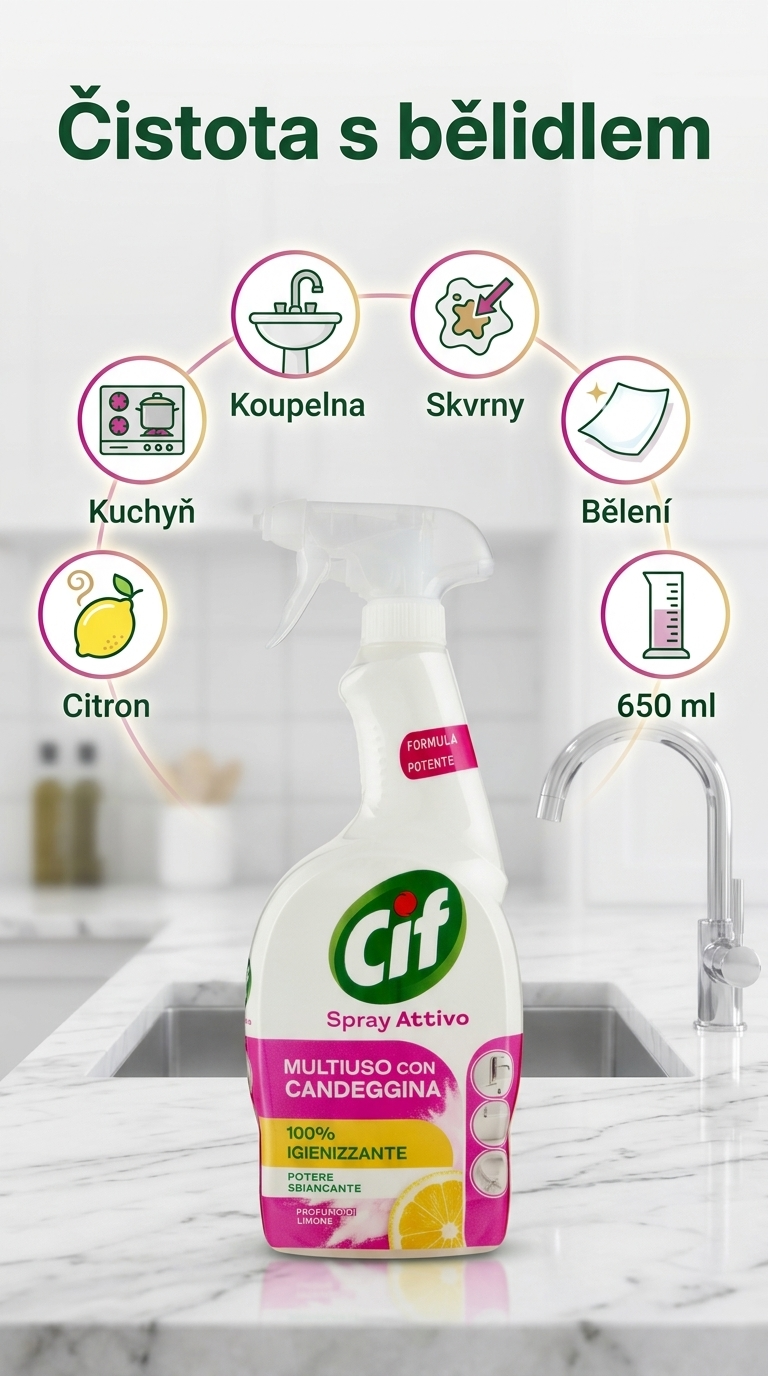 Cif víceúčelový čistič s bělidlem citron 650 ml - mobilní infografika