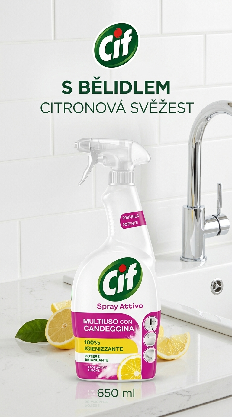 Cif víceúčelový čistič s bělidlem citron 650 ml - lifestyle poster