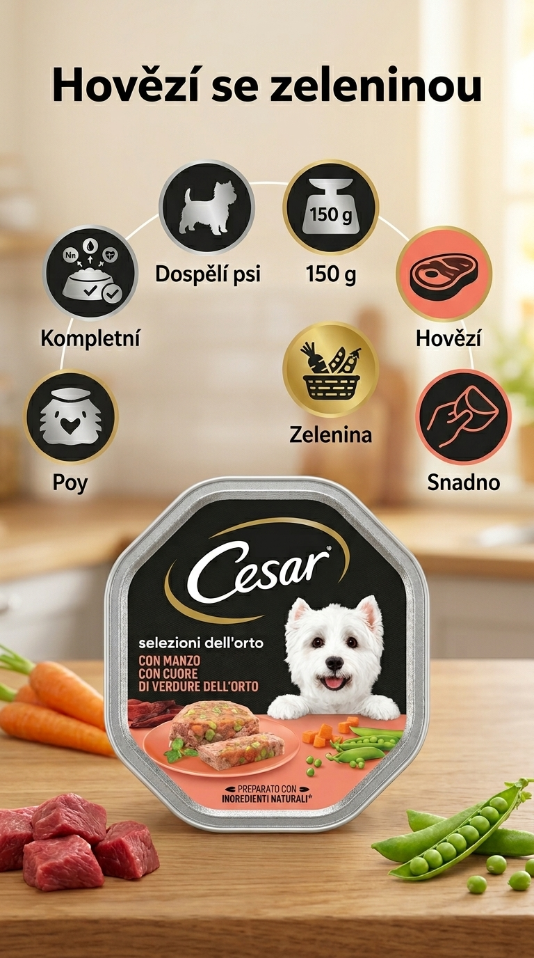Cesar vanička pro psy hovězí se zeleninovým srdcem 150 g - mobilní infografika