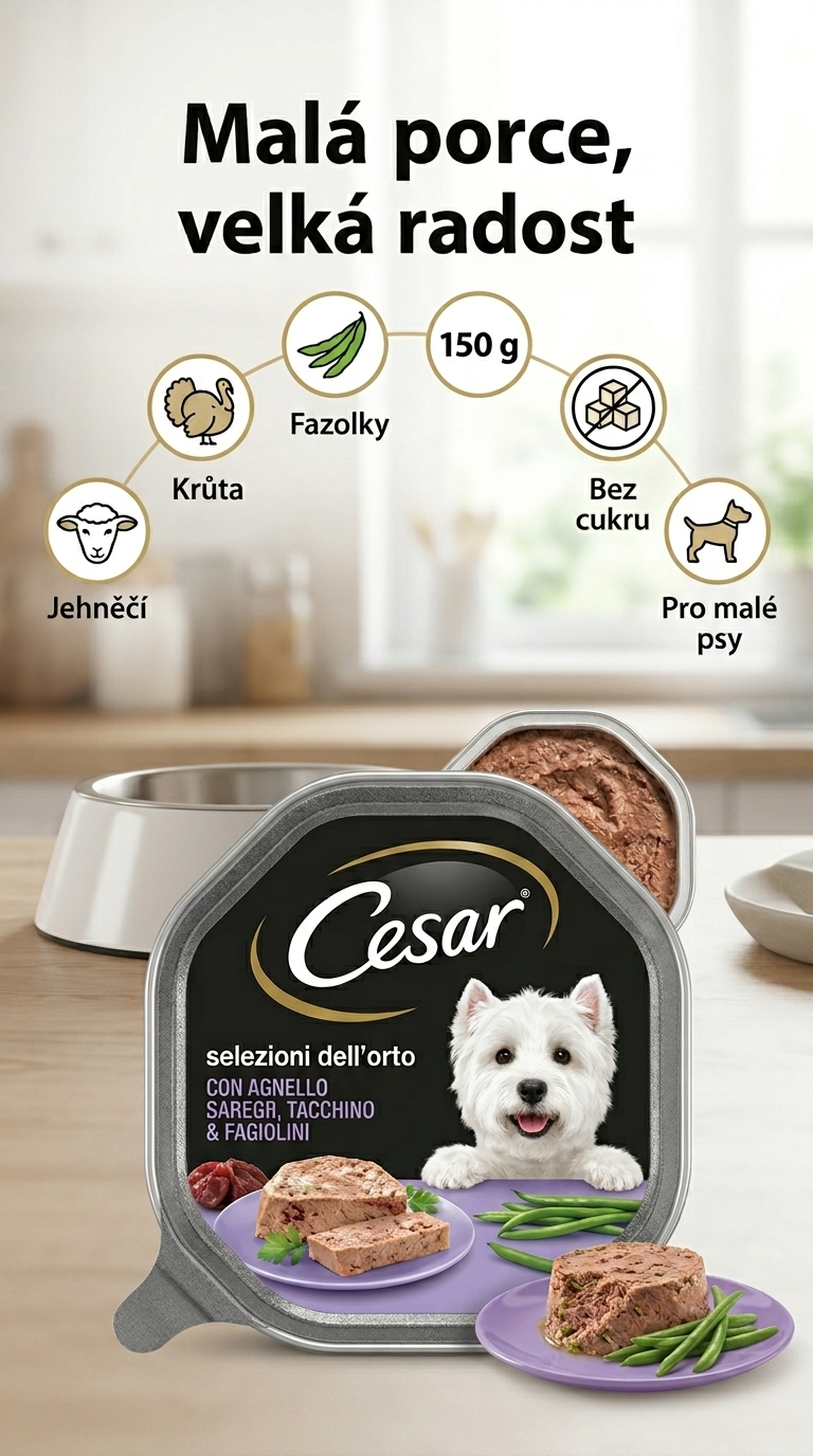 Cesar paštika pro psy s jehněčím, krůtím masem a fazolkami 150 g - mobilní infografika