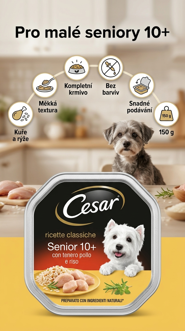 Cesar krmivo pro psy Senior 10+ s kuřecím masem a rýží 150 g - mobilní infografika
