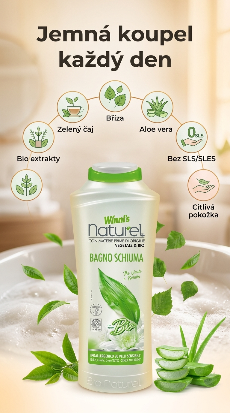 Winni´s Naturel pěna do koupele se zeleným čajem a břízou 500 ml - mobilní infografika