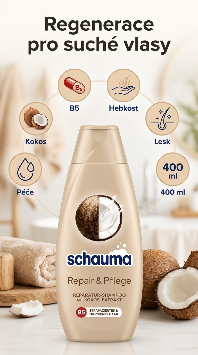 Schauma regenerační šampon s kokosovým extraktem a Pro-Vitaminem B5 400 ml - mobilní infografika