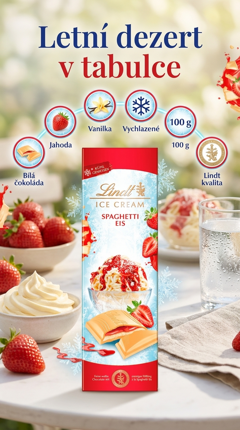 Lindt bílá čokoláda Špagetová zmrzlina 100 g - mobilní infografika