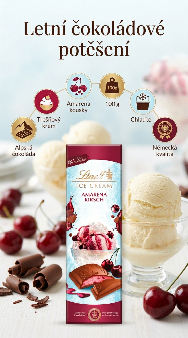 Lindt zmrzlinová mléčná čokoláda Amarena třešeň 100 g - mobilní infografika