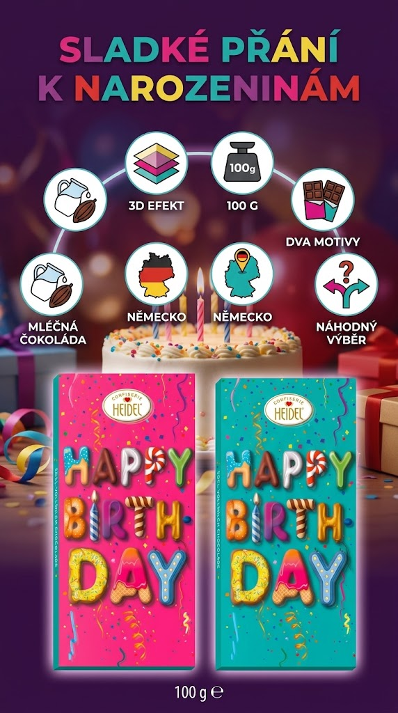 Heidel Happy Birthday 3D mléčná čokoláda 100 g - mobilní infografika