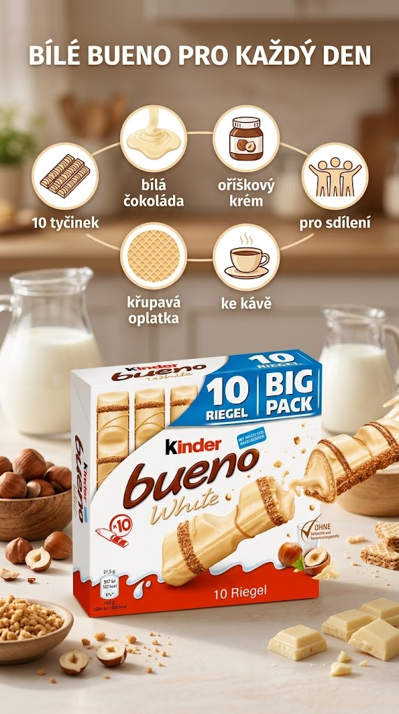 Kinder bueno White bílé oplatkové tyčinky 10 ks, 215 g - mobilní infografika