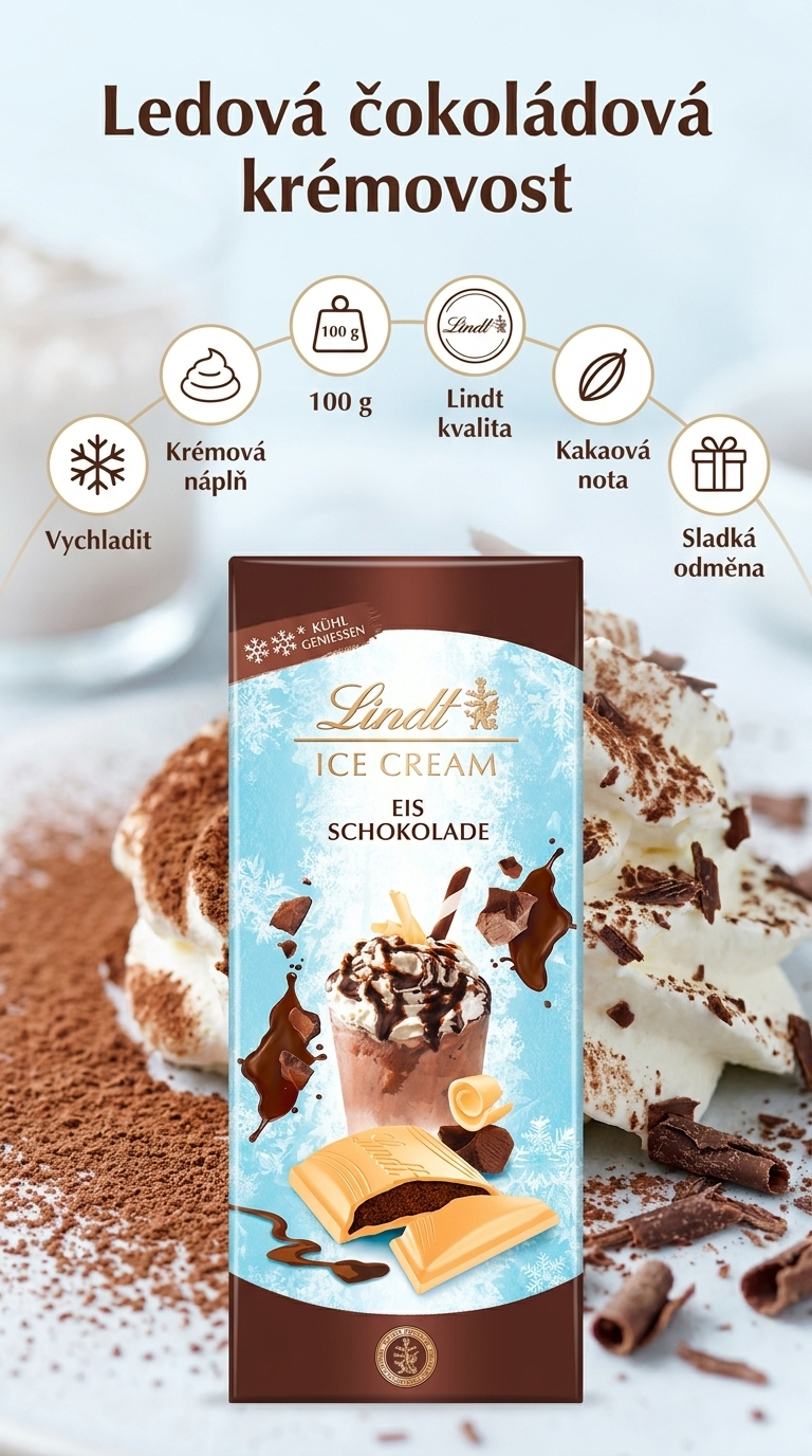 Lindt Ice Cream bílá čokoláda s čokoládovo-smetanovou náplní 100 g - mobilní infografika