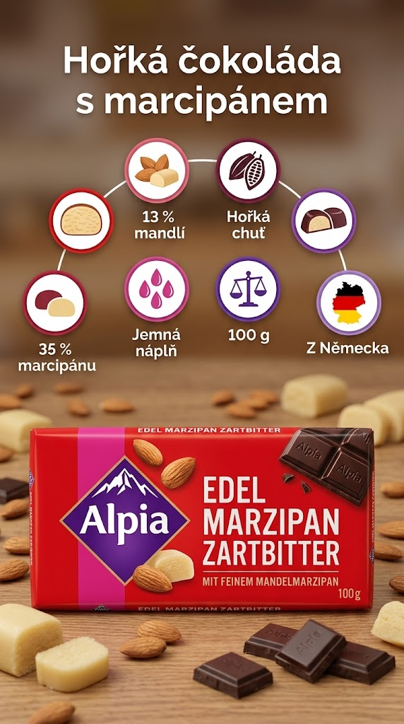 Alpia hořká čokoláda s marcipánovou náplní 100 g - mobilní infografika