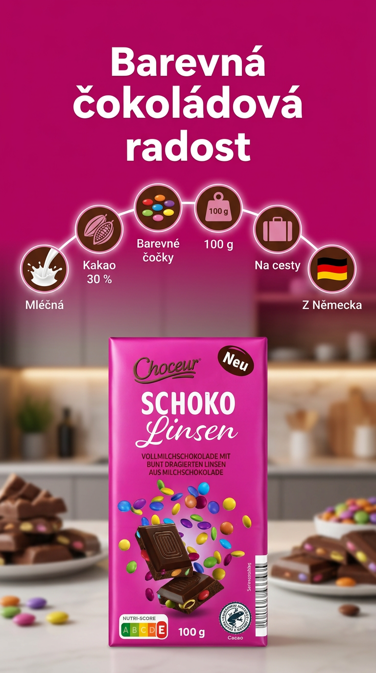 Choceur mléčná čokoláda s lentilkami 100 g - mobilní infografika
