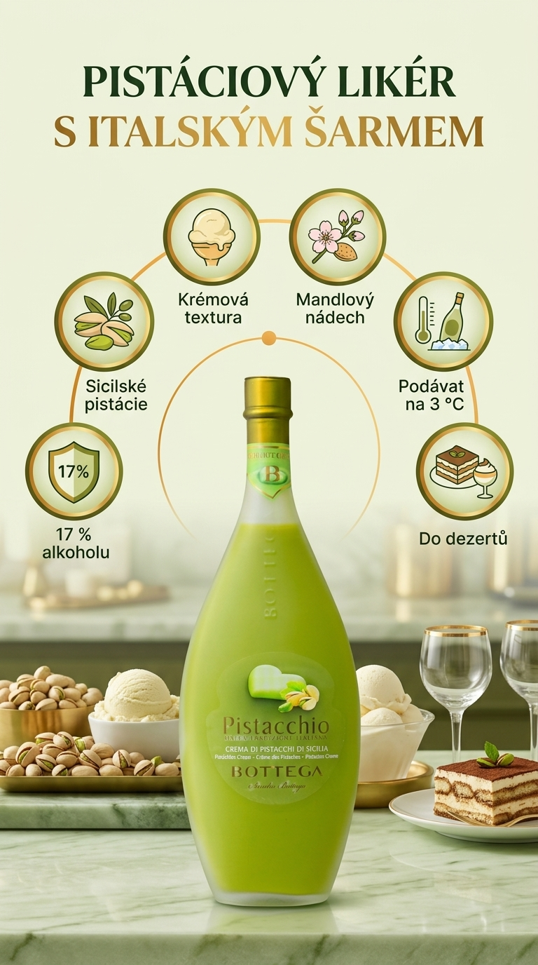 Bottega Pistacchio krémový pistáciový likér 17 %, 0,5 l - mobilní infografika