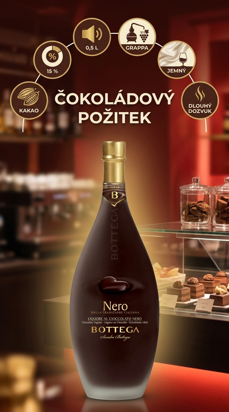 Bottega Nero čokoládový likér - mobilní infografika