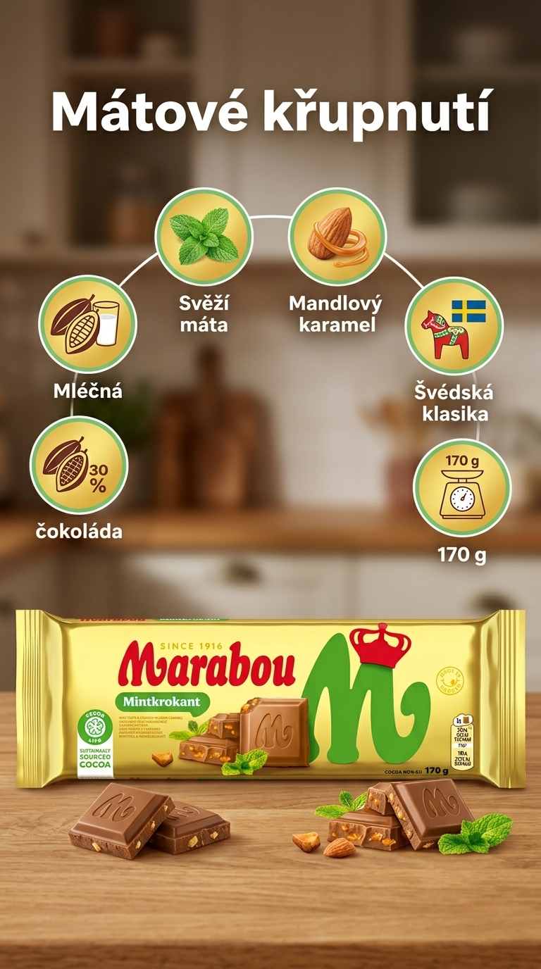 Marabou Mintkrokant mléčná čokoláda s mátou a mandlovým karamelem 170 g - mobilní infografika