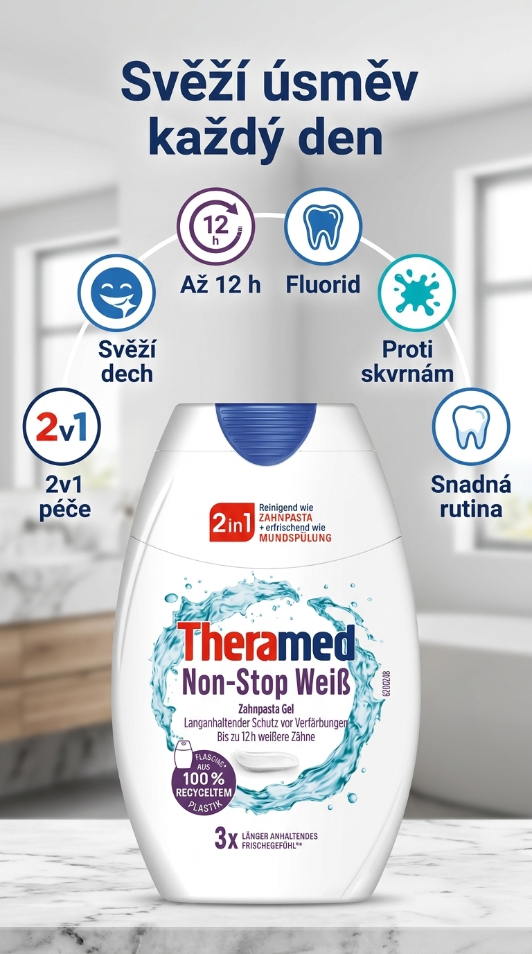 Theramed 2v1 Non-Stop White bělicí zubní pasta gel 75 ml - mobilní infografika