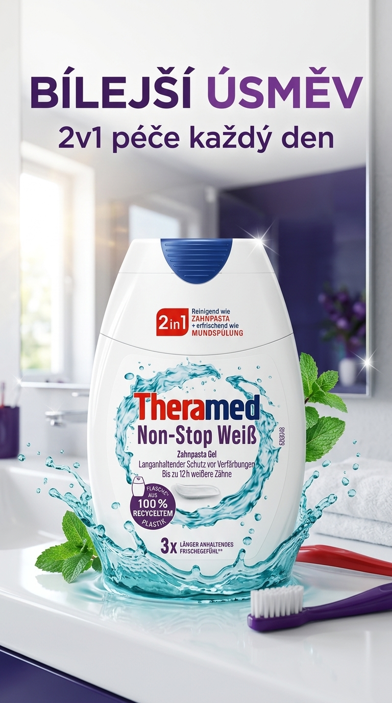 Theramed 2v1 Non-Stop White bělicí zubní pasta gel 75 ml - lifestyle poster