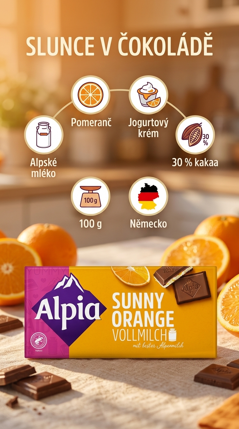 Alpia mléčná čokoláda Sunny Orange s pomerančovou náplní 100 g - mobilní infografika