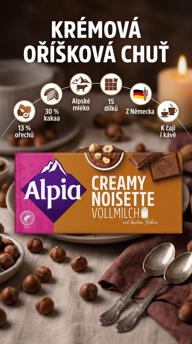 Alpia mléčná čokoláda s krémovou lískooříškovou náplní - mobilní infografika