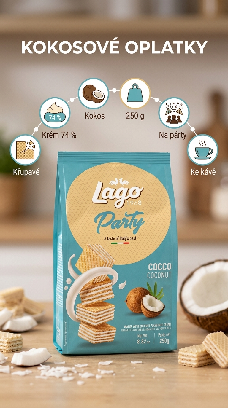 Lago Party Cocco oplatky s kokosovým krémem 250 g - mobilní infografika