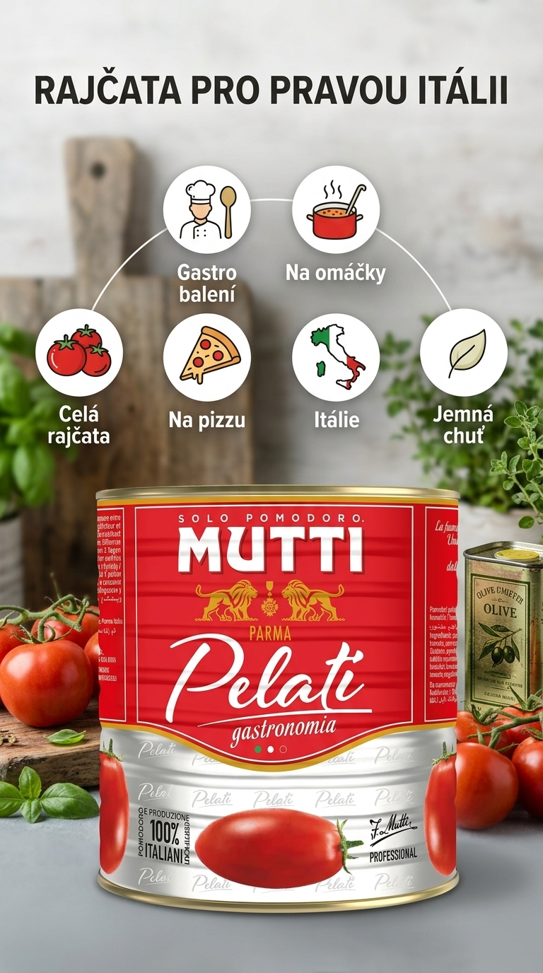 Mutti XL Pelati loupaná rajčata ve šťávě - mobilní infografika