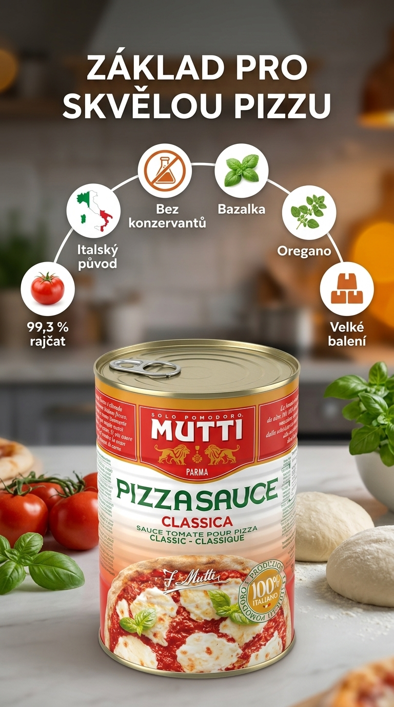 Mutti rajčatová omáčka na pizzu Classica 4,1 kg - mobilní infografika
