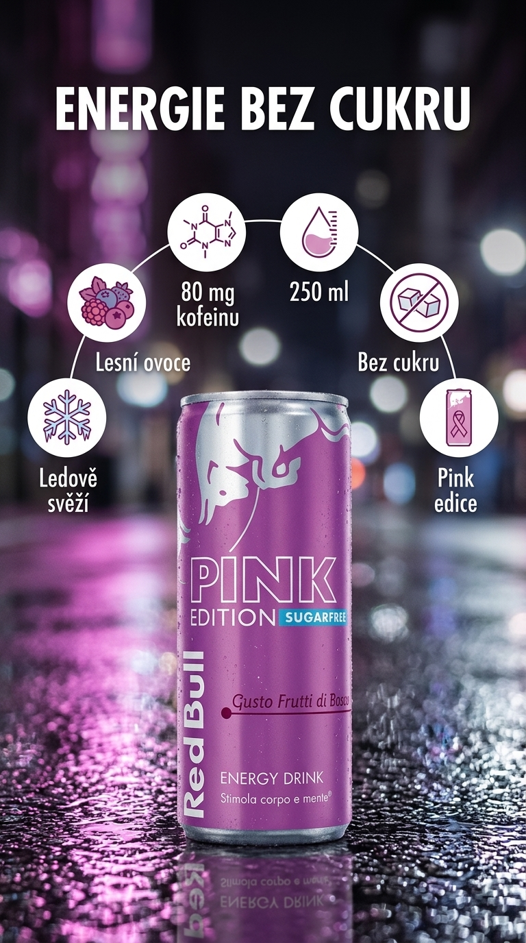 Red Bull Pink edice lesní ovoce bez cukru 250 ml - mobilní infografika