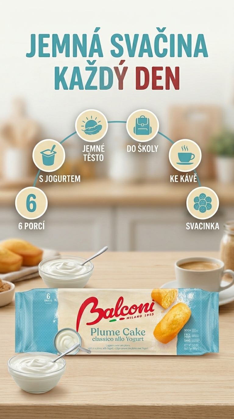 Balconi Plume Cake jogurtové piškotové dortíky 6 ks, 228 g - mobilní infografika
