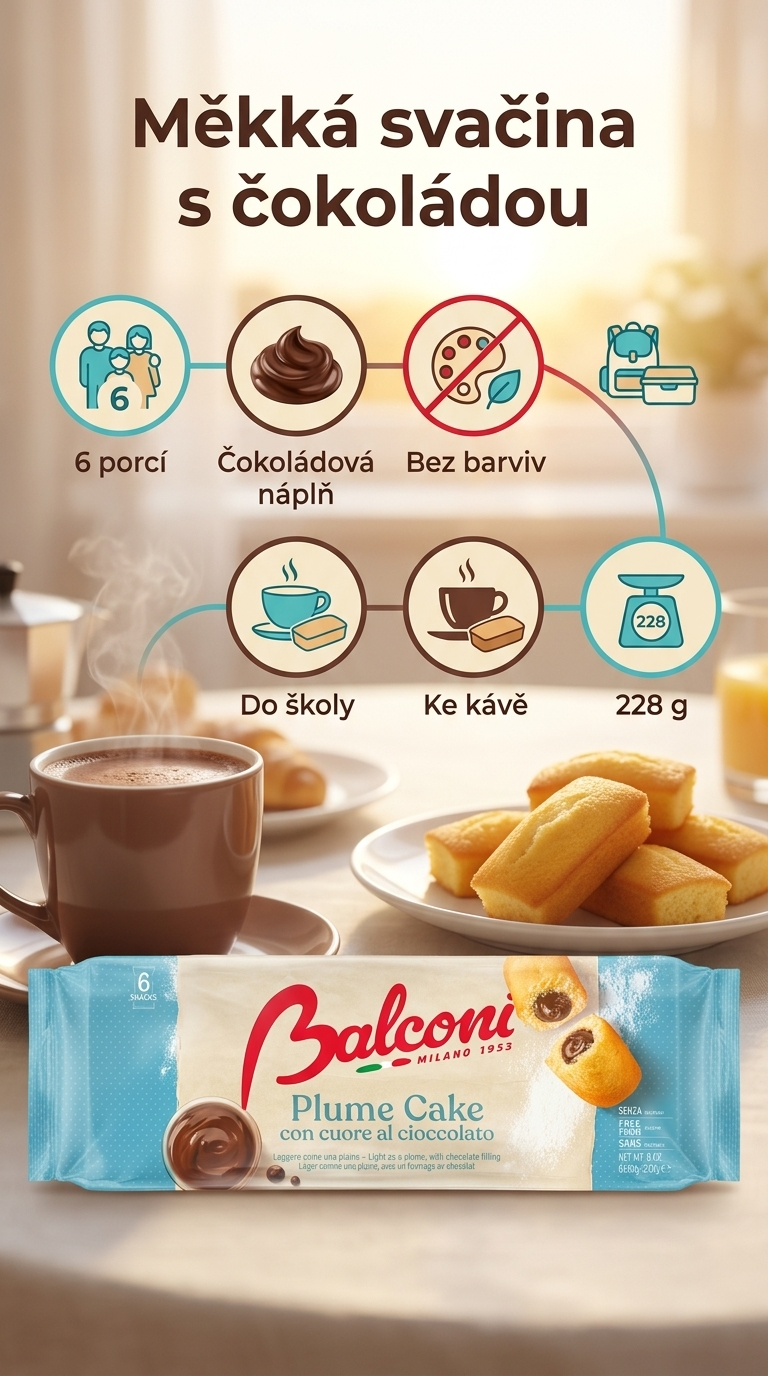 Balconi Plume Cake čokoládový moučník 6 ks, 228 g - mobilní infografika