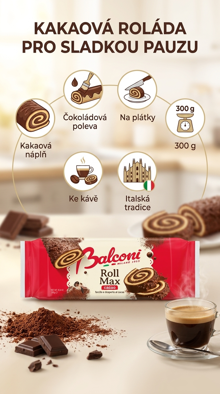 Balconi Roll Max kakaová roláda s čokoládovou polevou 300 g - mobilní infografika