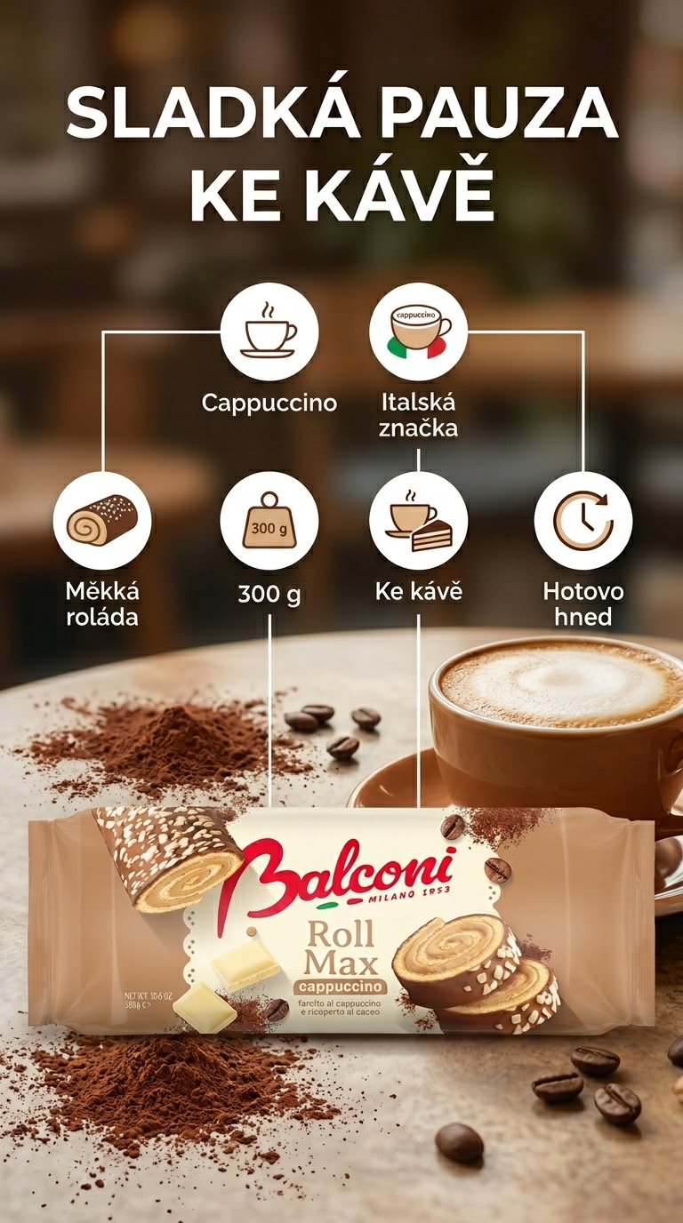 Balconi Roll Max cappuccino roláda s náplní a kakaovou polevou 300 g - mobile infographic