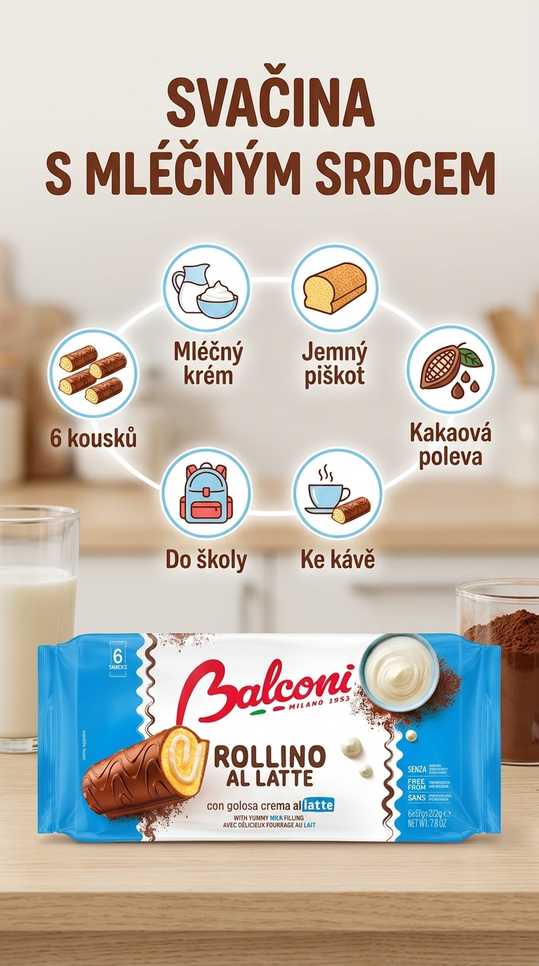 Balconi Rollino Milk čokoládové rolky s krémovou náplní 6 ks, 222 g - mobilní infografika