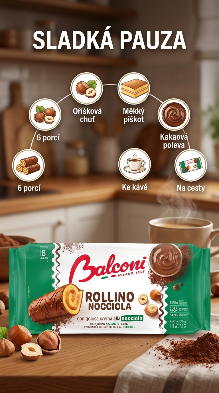 Balconi Rollino Nocciola čokoládové rolky s lískooříškovou náplní 6 ks, 222 g - mobilní infografika