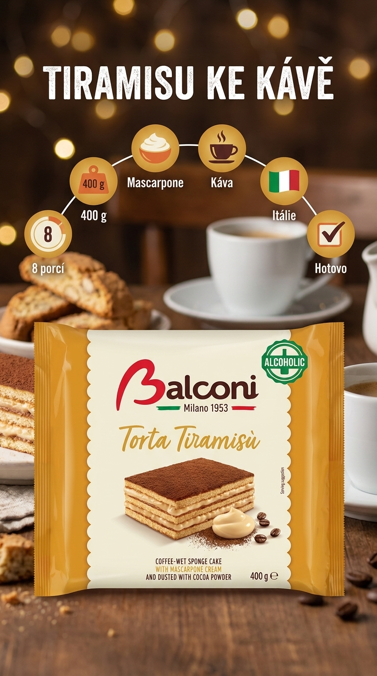 Balconi tiramisu dort s kávovým likérem 8 porcí, 400 g - mobilní infografika