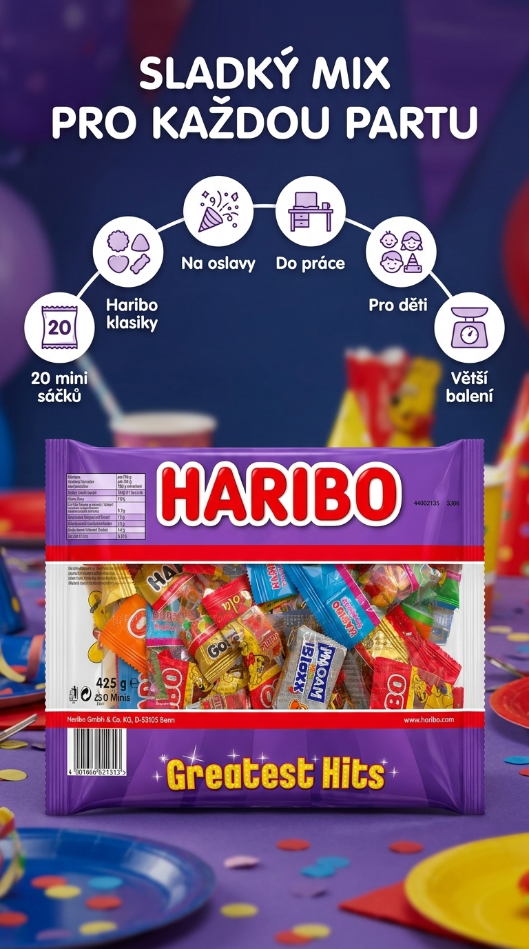 Haribo Greatest Hits Minis mix mini bonbonů 425 g - mobilní infografika