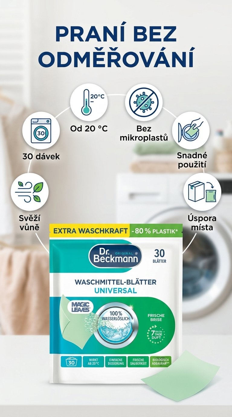 Dr. Beckmann Magic Leaves prací prostředek v listech Universal 30 dávek - mobilní infografika