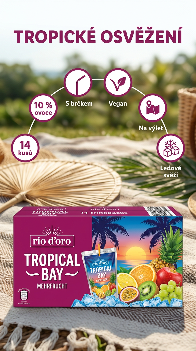 Rio d'Oro Tropical Bay ovocné osvěžující nápoje s 10 % ovoce 14 ks, 2,8 l - mobilní infografika