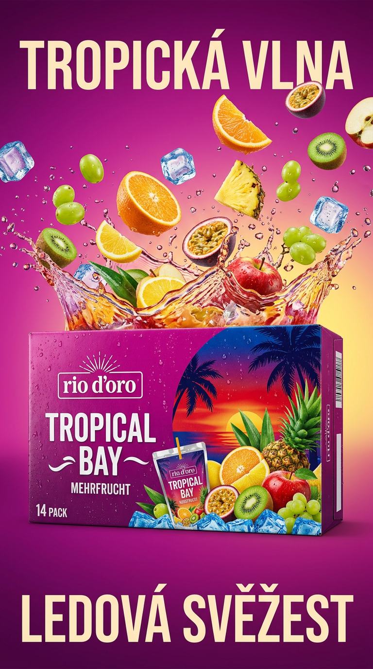Rio d'Oro Tropical Bay ovocné osvěžující nápoje s 10 % ovoce 14 ks, 2,8 l - lifestyle poster