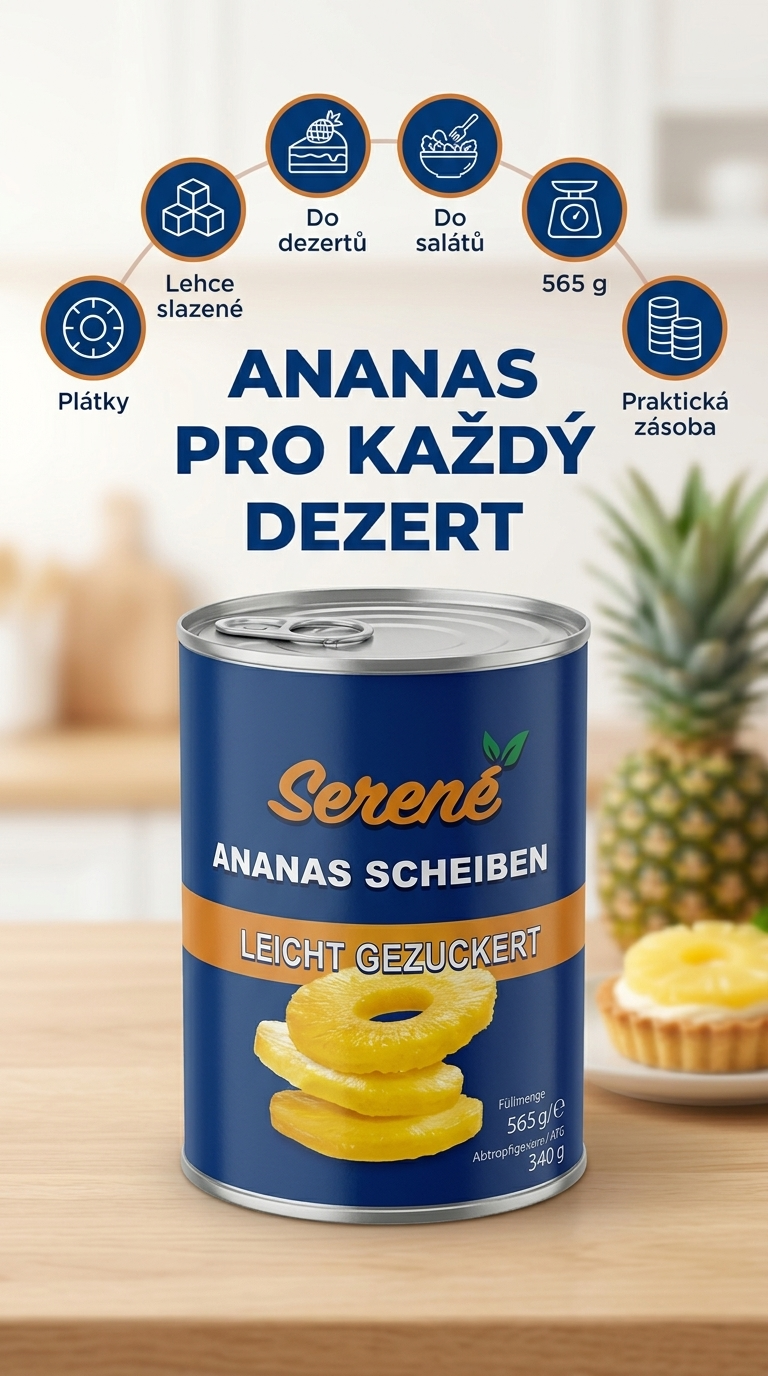 Serene ananasové plátky v lehkém sirupu 565 g, pevný podíl 340 g - mobilní infografika