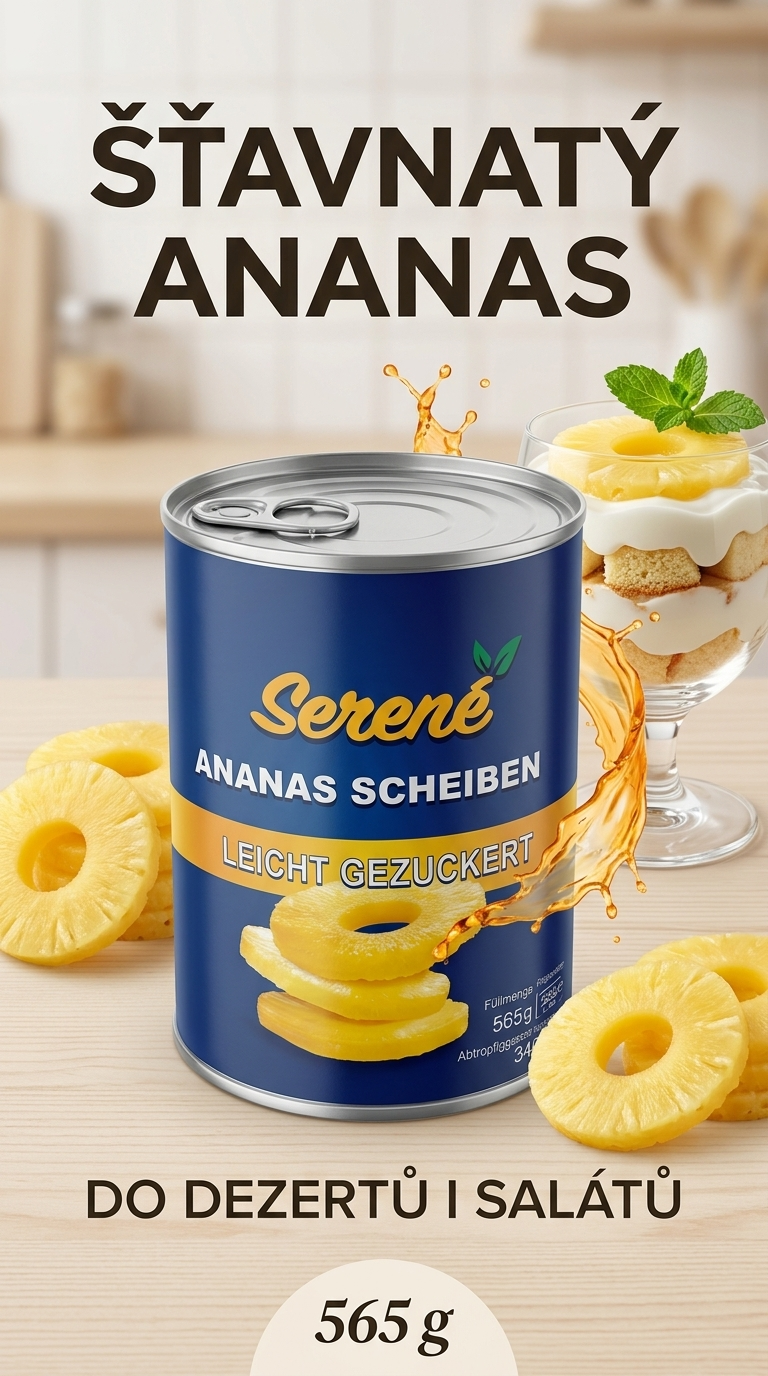 Serene ananasové plátky v lehkém sirupu 565 g, pevný podíl 340 g - lifestyle poster