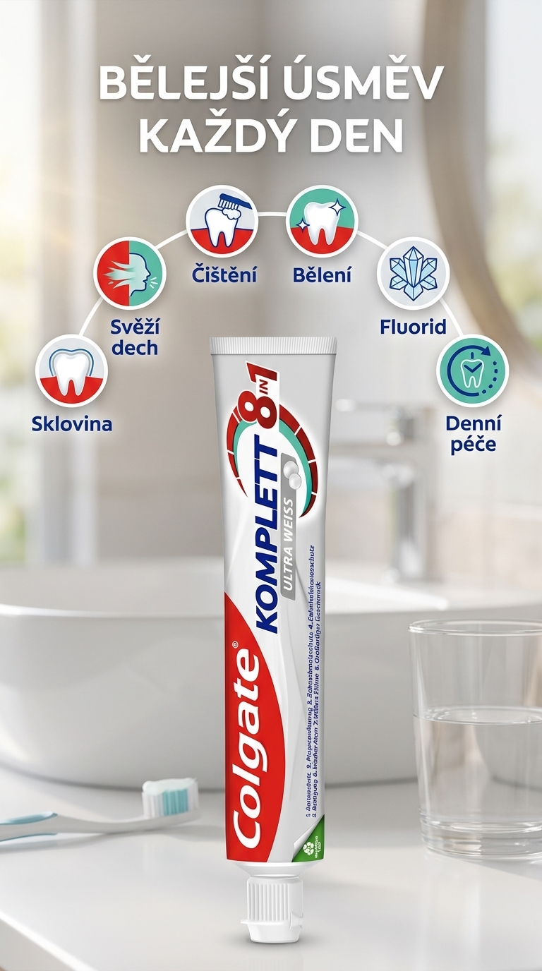 Colgate zubní pasta Kompletní péče 8v1 pro přirozeně bílé zuby 75 ml - mobilní infografika