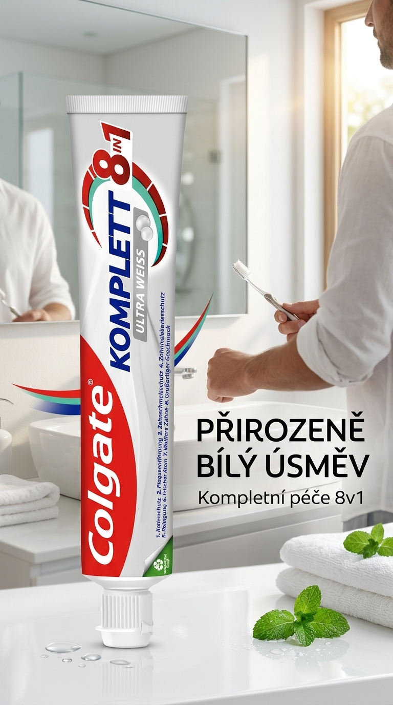 Colgate zubní pasta Kompletní péče 8v1 pro přirozeně bílé zuby 75 ml - lifestyle poster