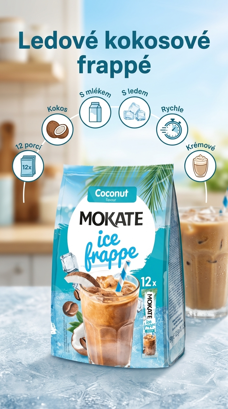 Mokate instantní ledové frappé s kokosovou příchutí 12 ks, 150 g - mobilní infografika