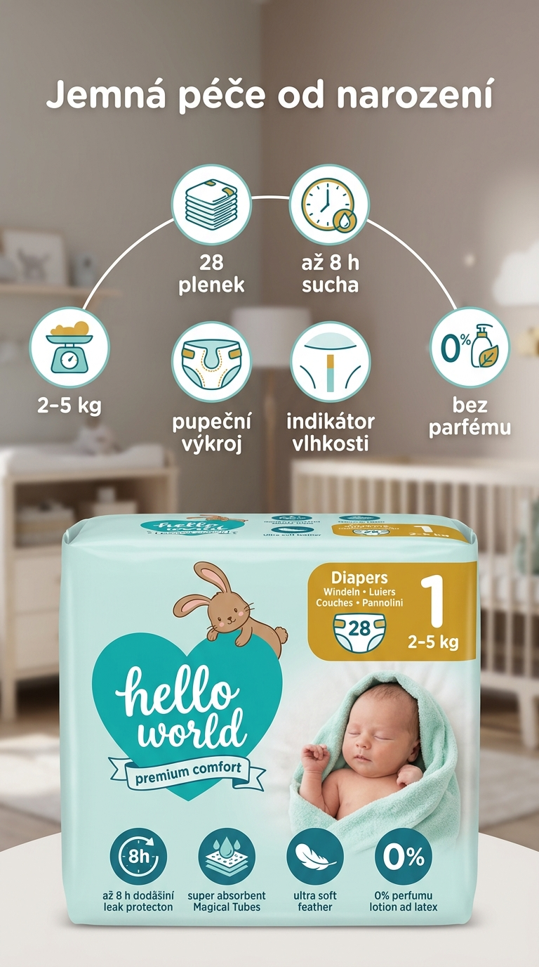 Hello World Premium Comfort dětské pleny Newborn 1, 28 ks - mobilní infografika