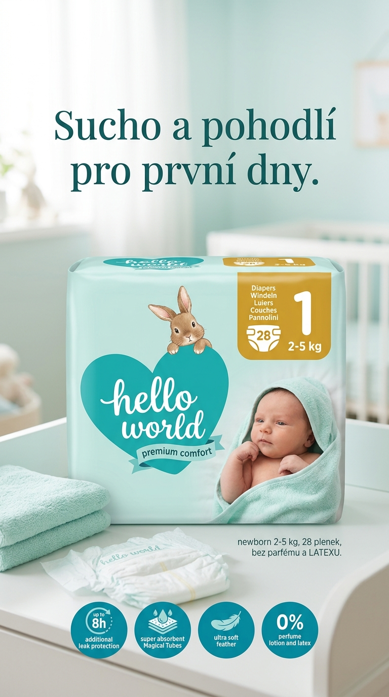 Hello World Premium Comfort dětské pleny Newborn 1, 28 ks - lifestyle poster