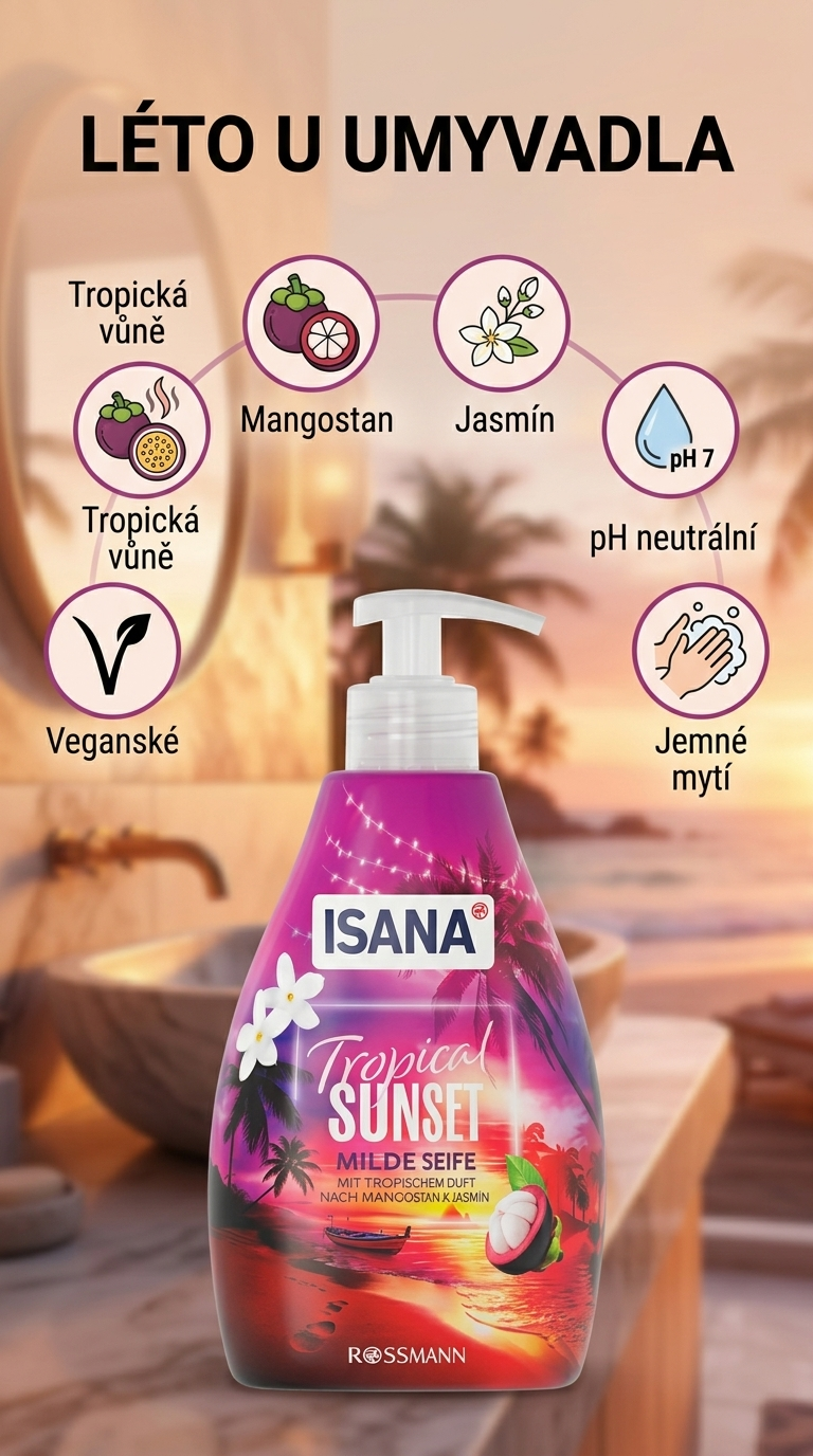 Isana tekuté mýdlo Tropical Sunset s vůní mangostanu a jasmínu 500 ml - mobilní infografika