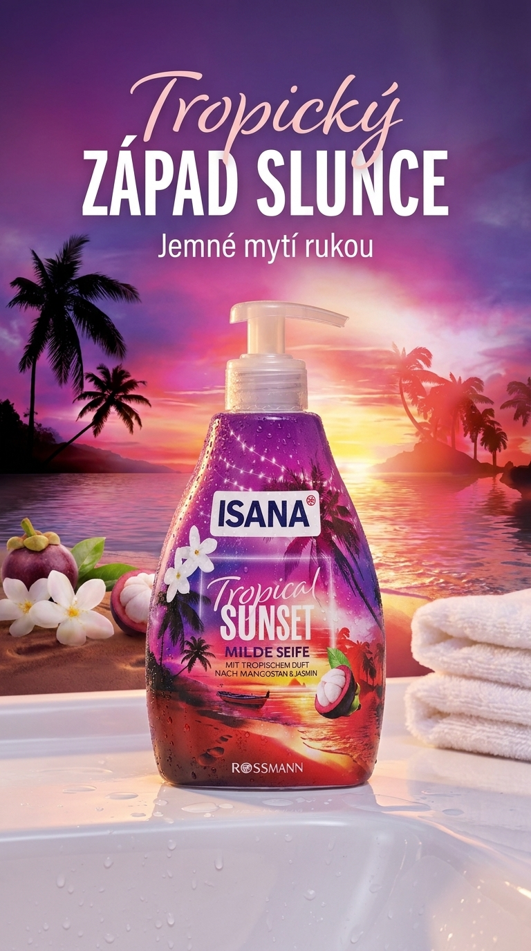 Isana tekuté mýdlo Tropical Sunset s vůní mangostanu a jasmínu 500 ml - lifestyle poster