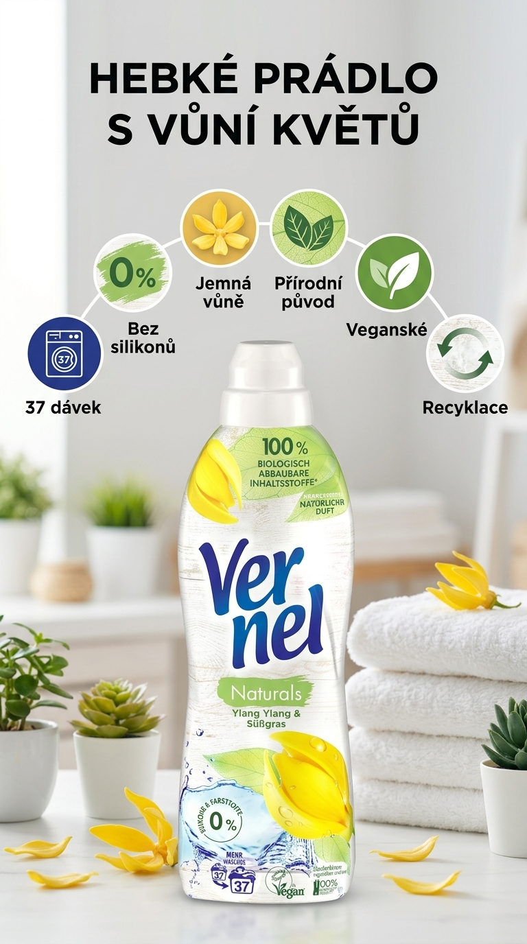 Vernel Naturals Ylang Ylang a sladká tráva aviváž 37 dávek 814 ml - mobilní infografika