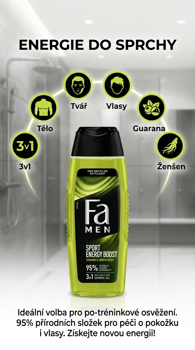 Fa Men sprchový gel Sport Energy Boost 3v1 250 ml - mobilní infografika